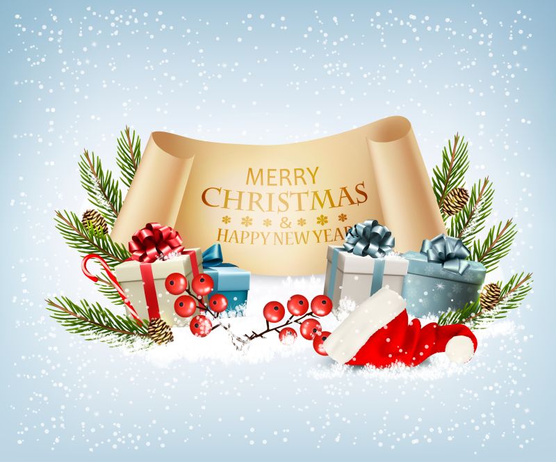 节日圣诞背景与礼品盒矢量插图