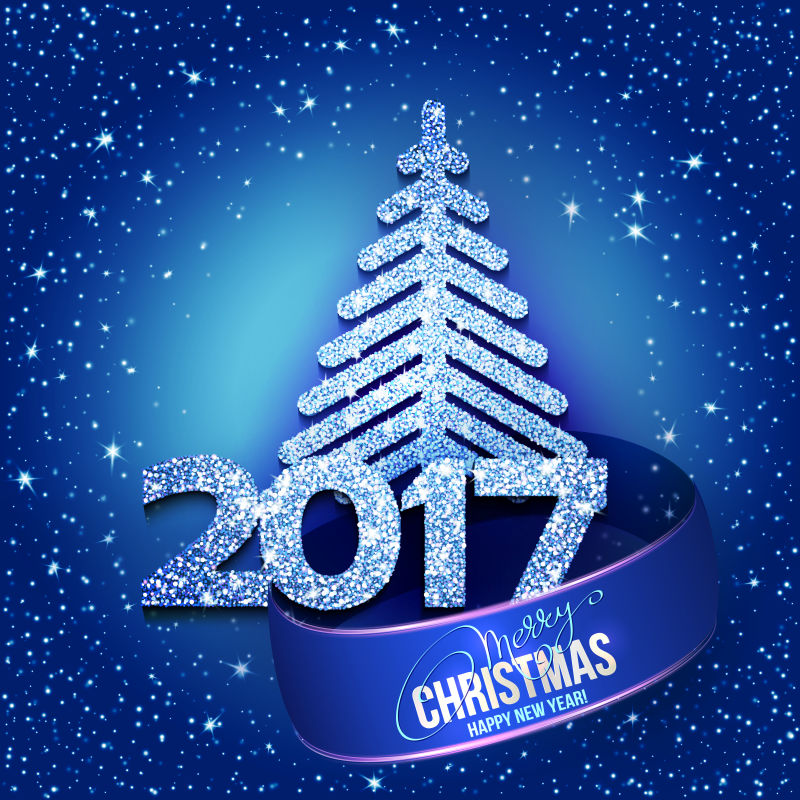 蓝色抽象圣诞树和2017个新年文本与灯和火花矢量插图