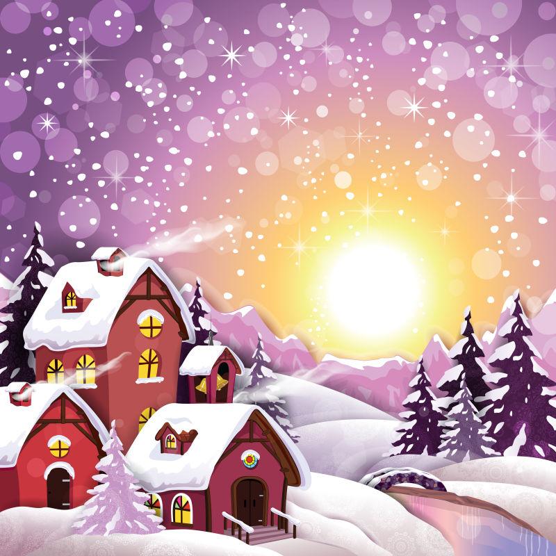 矢量圣诞节雪冬中的日出村庄