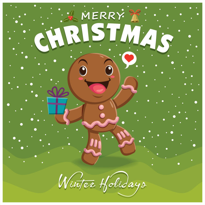 古董矢量圣诞海报设计与姜饼字符