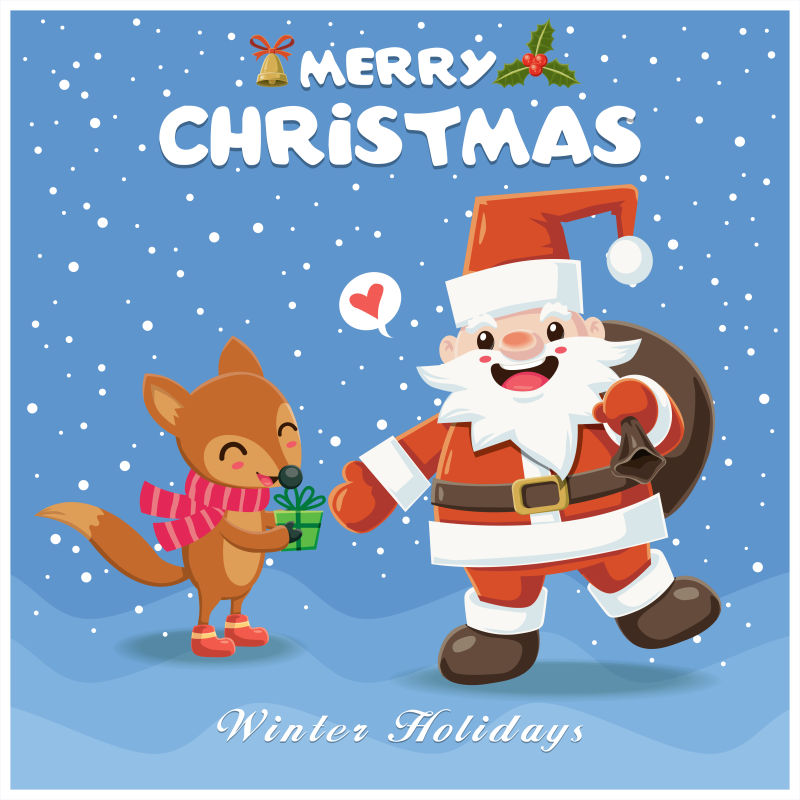 老式圣诞海报设计与福克斯和圣诞老人字符矢量