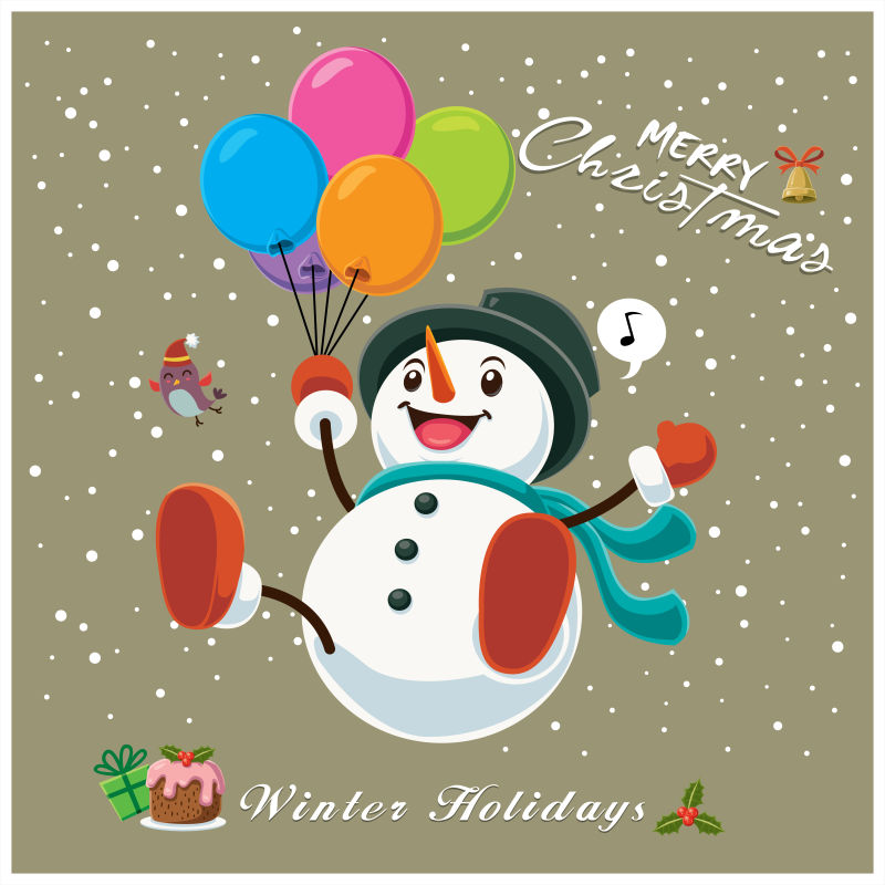 老式圣诞海报设计与鸟类和雪人字符矢量