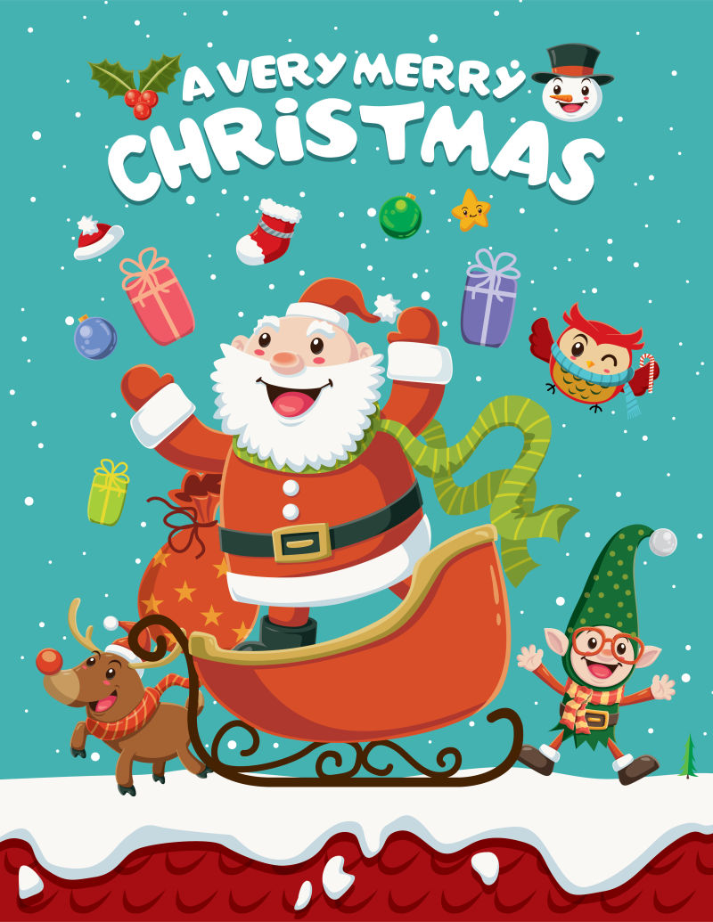 圣诞老人和驯鹿送圣诞礼物的海报设计矢量