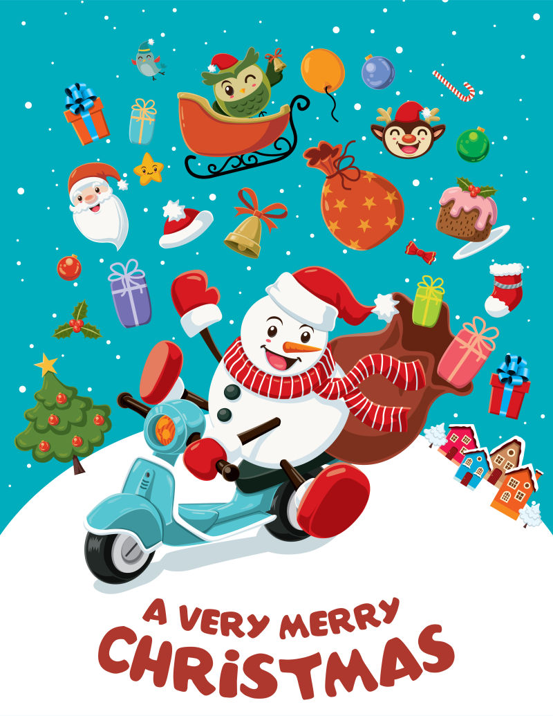 快乐的圣诞雪人送礼物的海报设计矢量