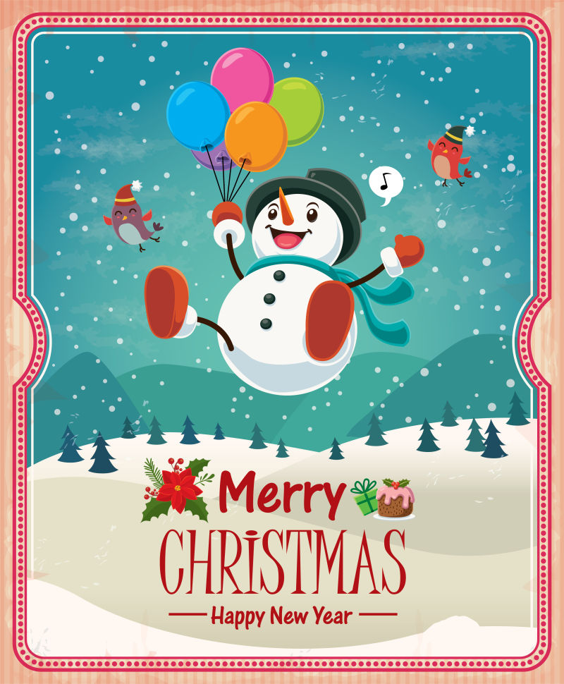圣诞节快乐带有圣诞雪人的海报设计矢量