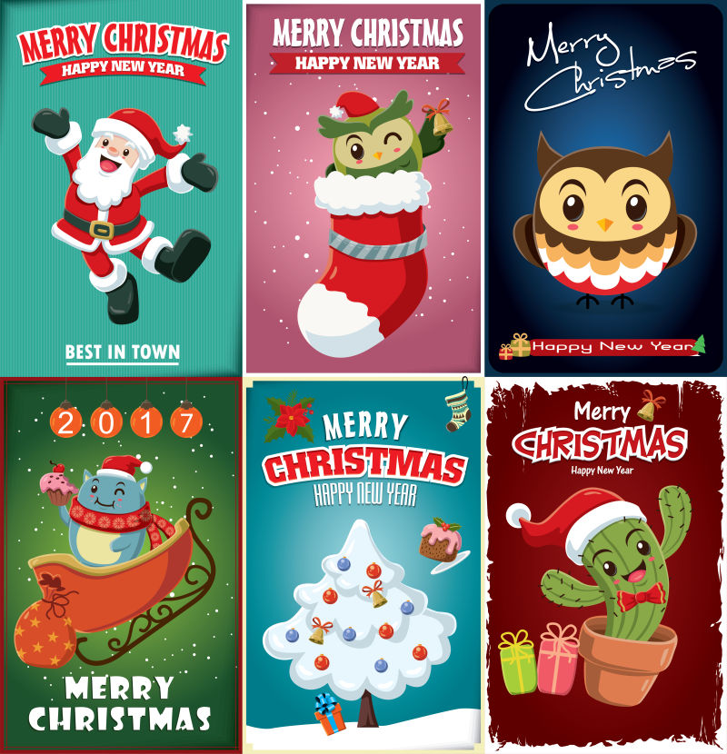 老式的圣诞老人动物庆祝圣诞节海报矢量设计