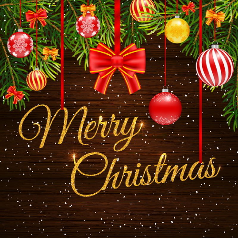 带有圣诞装饰和金色圣诞节快乐字体的矢量插图