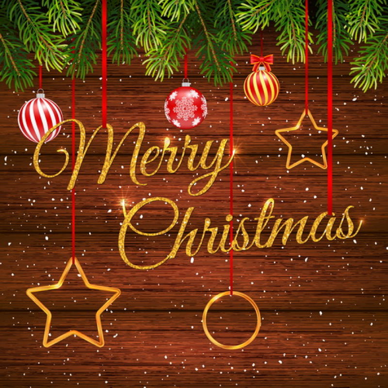 彩色圣诞装饰和金色圣诞快乐字体的贺卡矢量设计