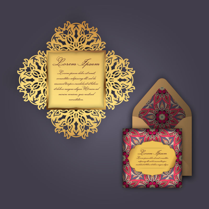 土黄色矢量创意结婚请帖卡与老式花卉装饰纸花边