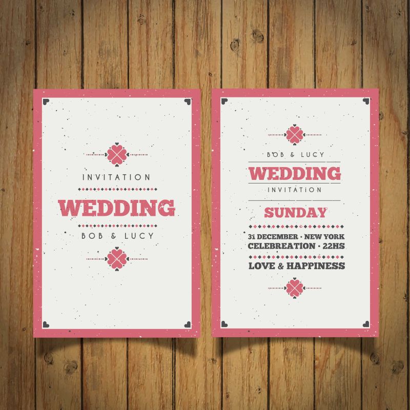 带粉红色边界的老式婚礼邀请矢量