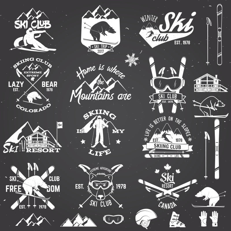 滑雪俱乐部徽章设计矢量插图