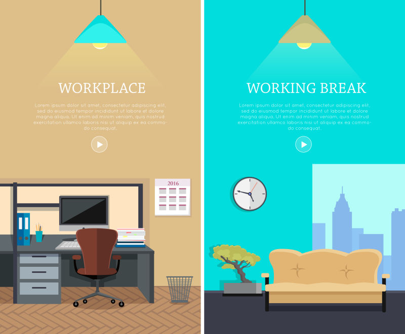 现代工作场所平面插图矢量设计