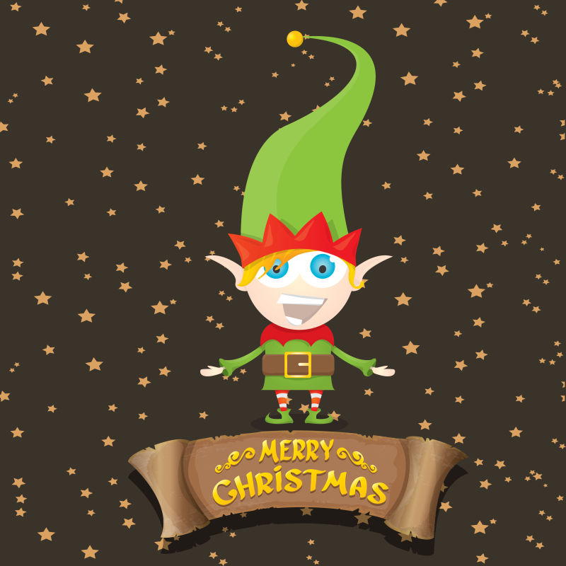 戴帽子的卡通可爱圣诞精灵矢量图