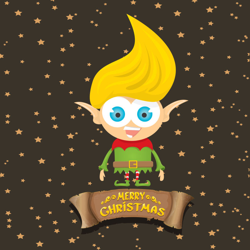 黄色卡通可爱圣诞快乐精灵矢量图