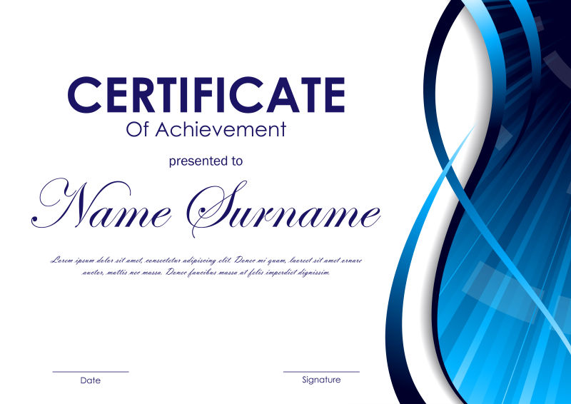 具有蓝色动态波形漩涡弯曲背景的成就证书矢量