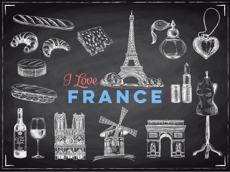 矢量手绘法国旅游景点和特产