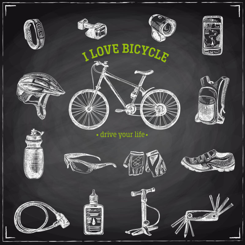 自行车和自行车项目矢量手绘图标