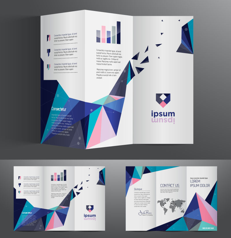 白色和蓝色粉色几何图形的三折小册子矢量设计