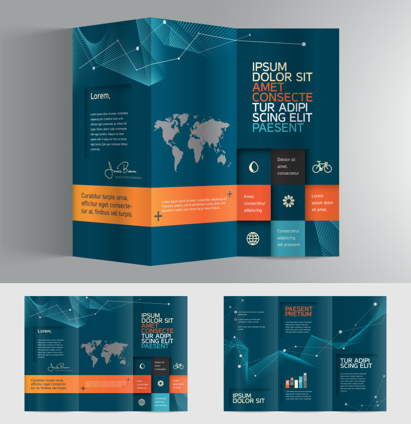 深蓝色的典雅的商务三折小册子矢量设计