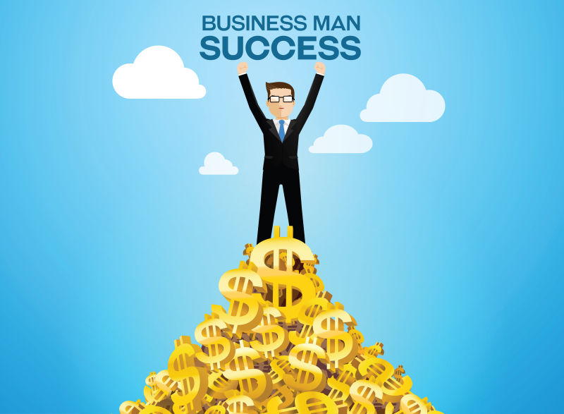 矢量卡通金钱上的商人