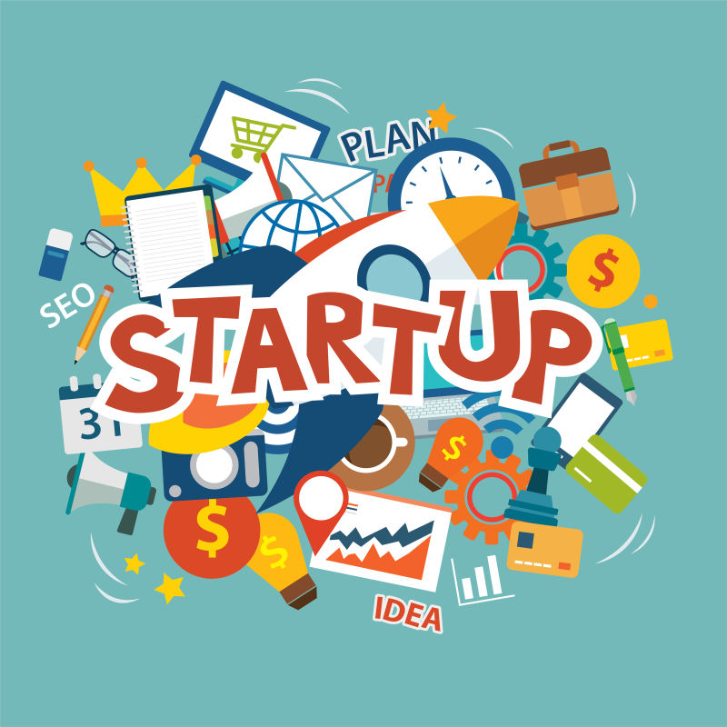 用火箭图像平面设计启动新业务项目矢量