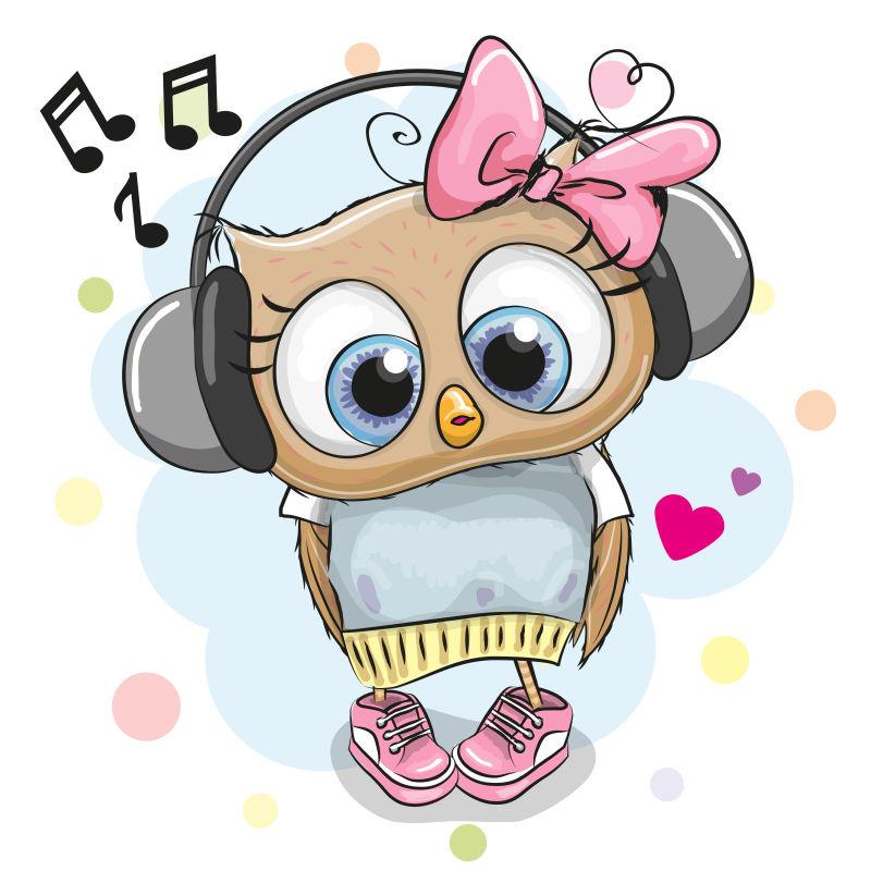 矢量猫头鹰女孩的耳机和心脏