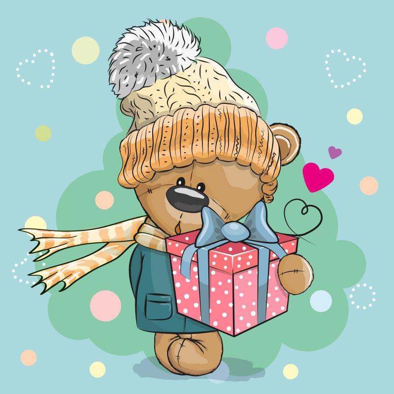 矢量可爱小熊拿着圣诞礼物