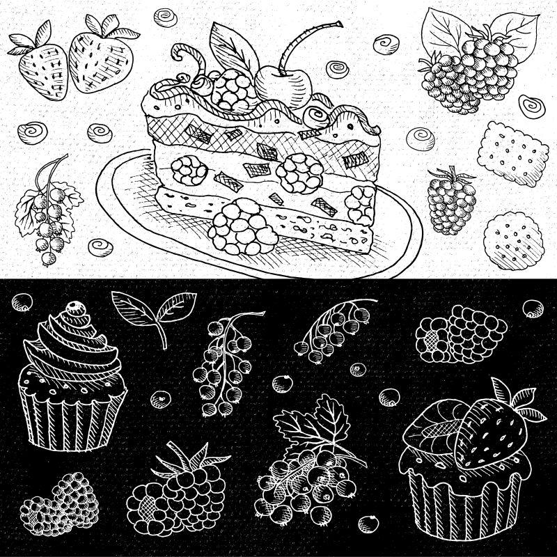 黑板背景里的配甜点蛋糕矢量