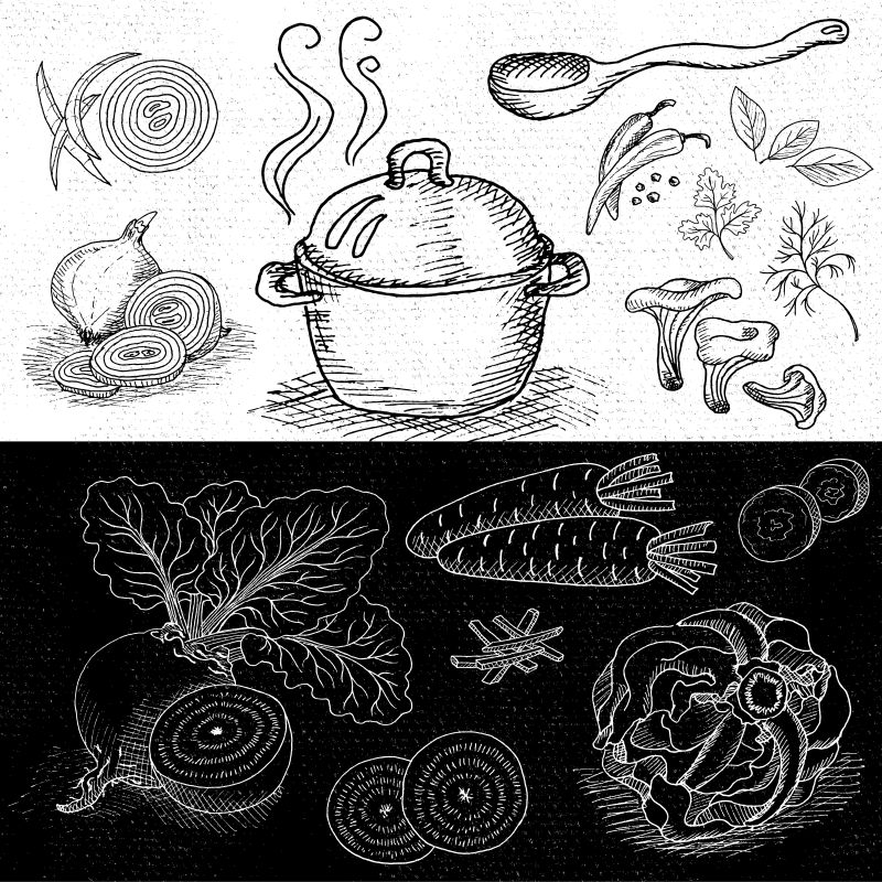 黑板背景上的粉笔画食物插图矢量