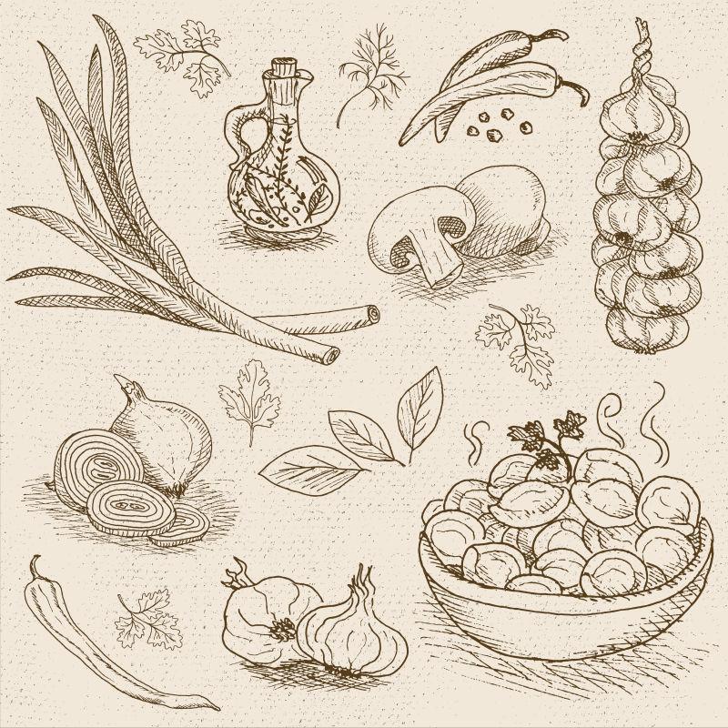 粉笔画食物手绘矢量插图