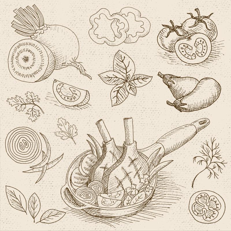 在热锅里烤蔬菜和蔬菜矢量