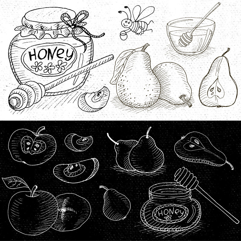 粉笔画在黑板上的食物素描风格矢量