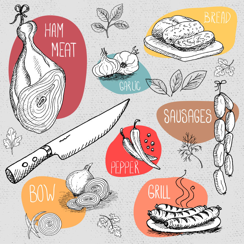 食品和香料手绘矢量