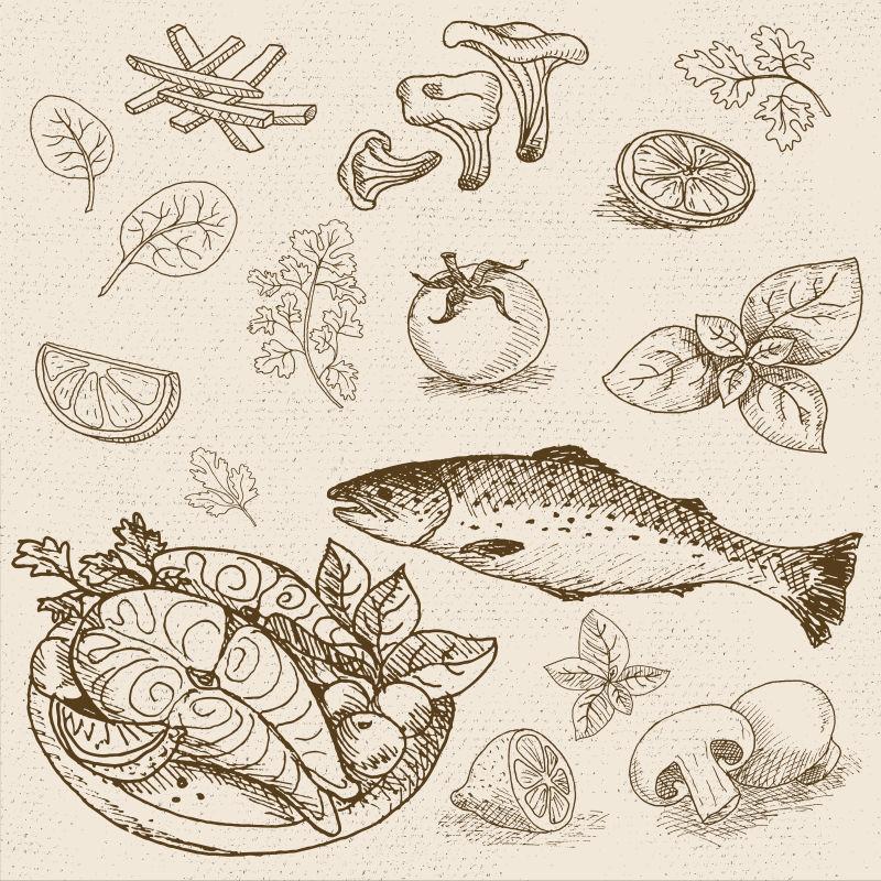 粉笔素描手绘食品和香料矢量