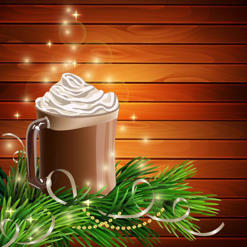 热巧克力和圣诞树装饰的背景矢量设计