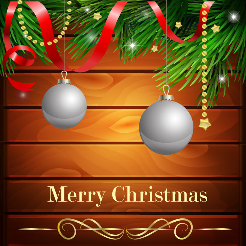 带有圣诞常青树和银球的木背景矢量设计
