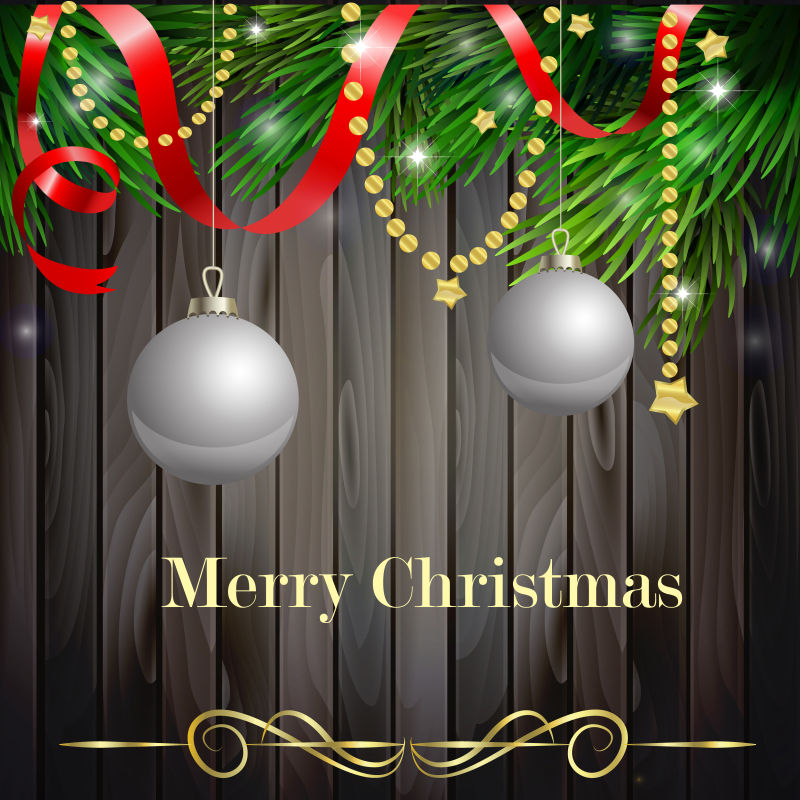 圣诞节花环和银球装饰的木背景矢量