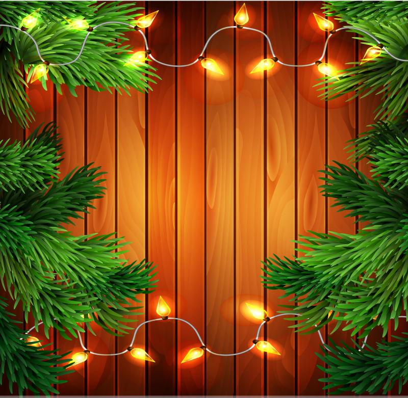 带有圣诞节彩灯和常青树的木质背景矢量设计