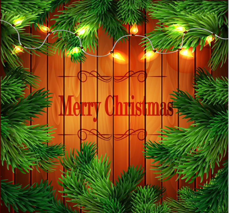 点缀着彩灯的圣诞树围绕的圣诞木背景矢量设计