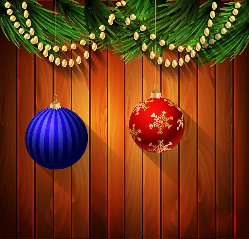 圣诞彩球装饰的木背景矢量设计