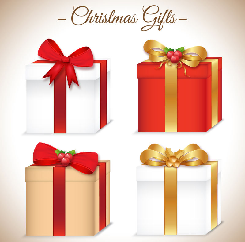 矢量圣诞四种蝴蝶结礼品盒