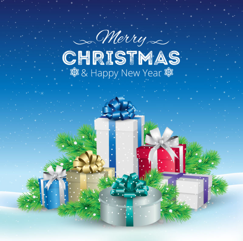 矢量蓝天雪花下的圣诞礼物