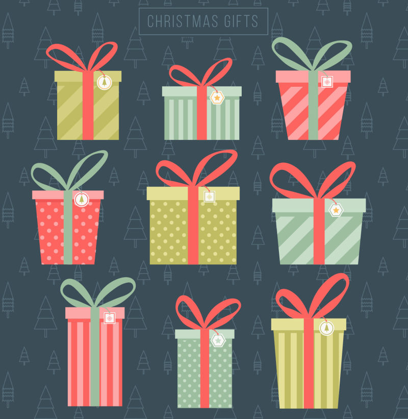 矢量彩色波点蝴蝶结星星圣诞礼品盒