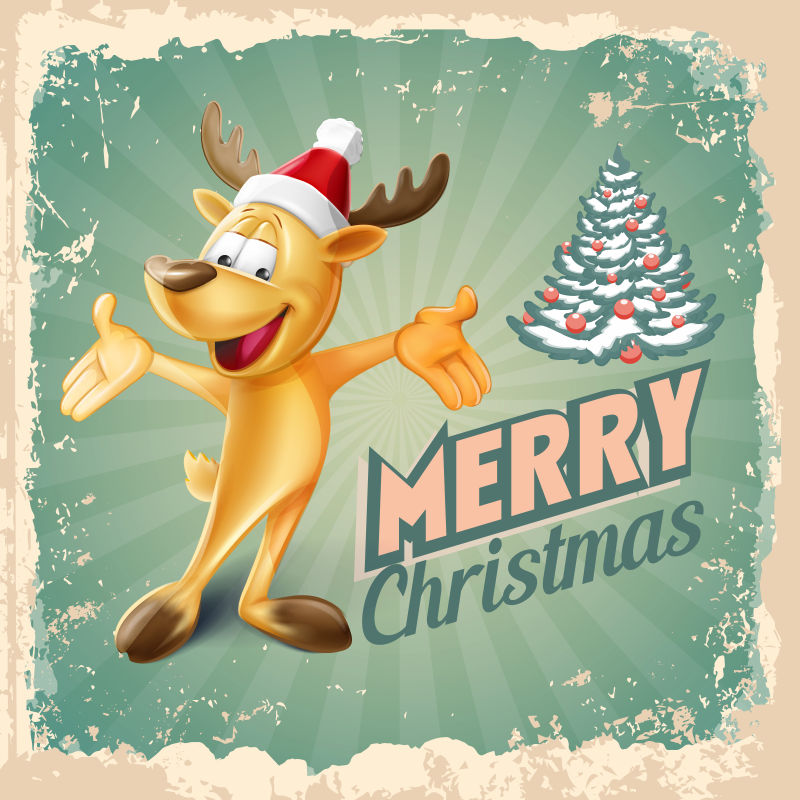 老式驯鹿圣诞快乐矢量