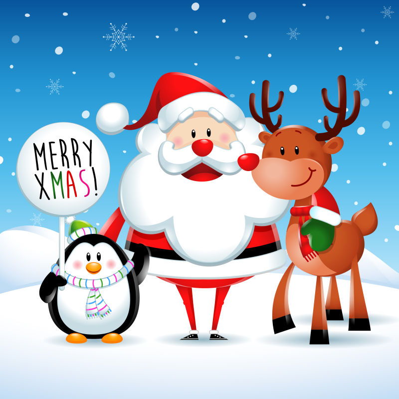 卡通圣诞老人和麋鹿以及企鹅的圣诞贺卡矢量设计