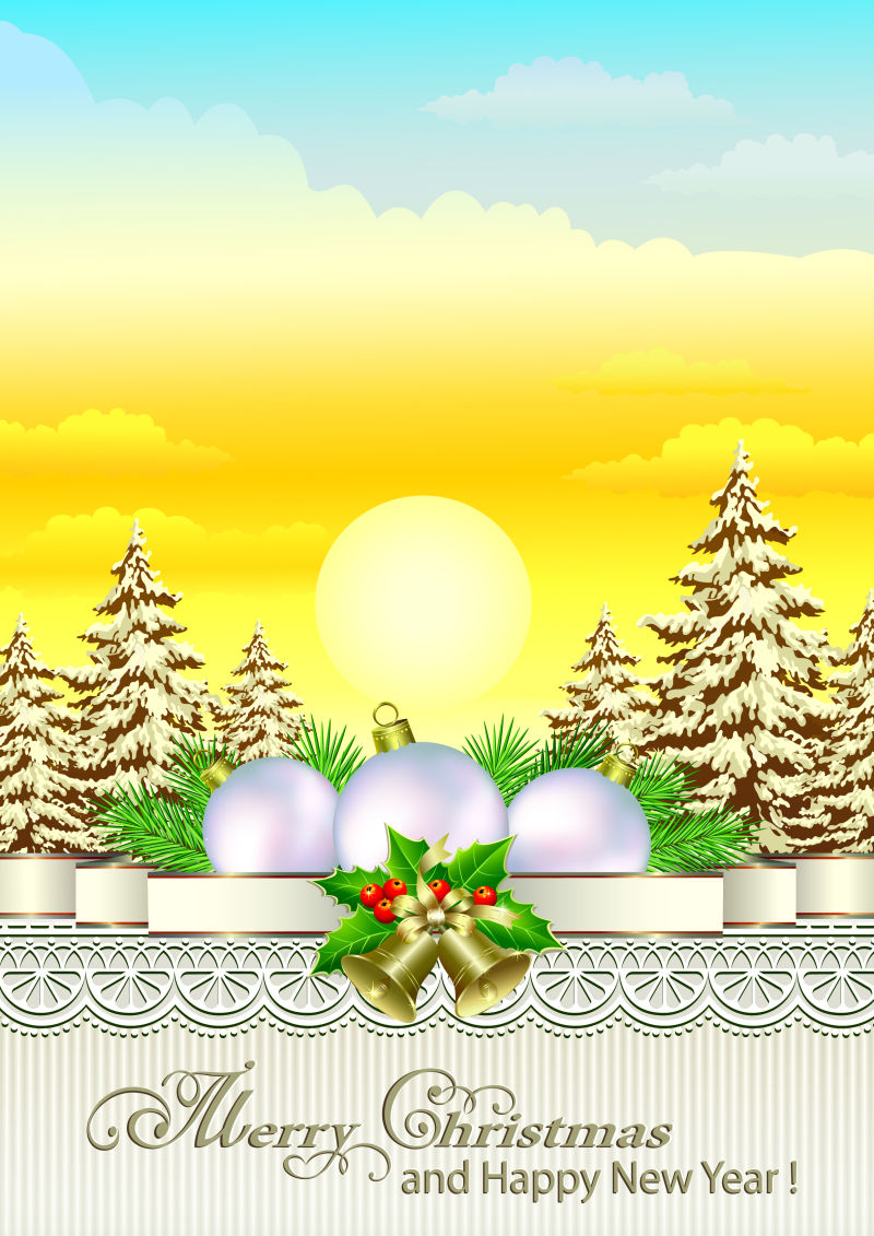 带钟和铃铛的圣诞贺卡矢量设计