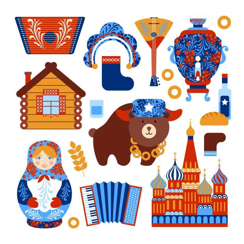 矢量俄罗斯旅游套装与国家元素组合图标