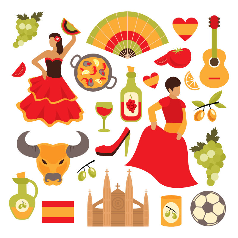 矢量西班牙旅游景点和风俗图标