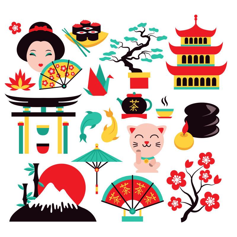 矢量日本符号与传统食品和旅游图标