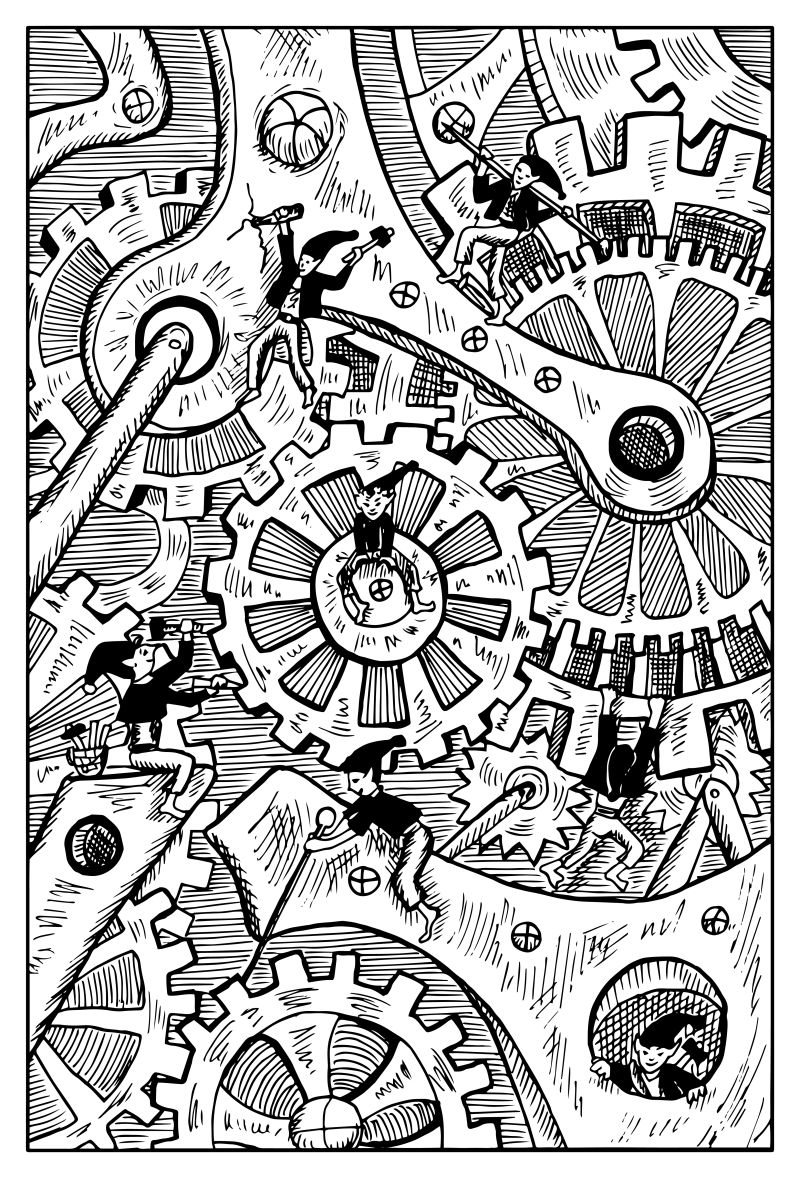 修理齿轮的小矮人矢量插图